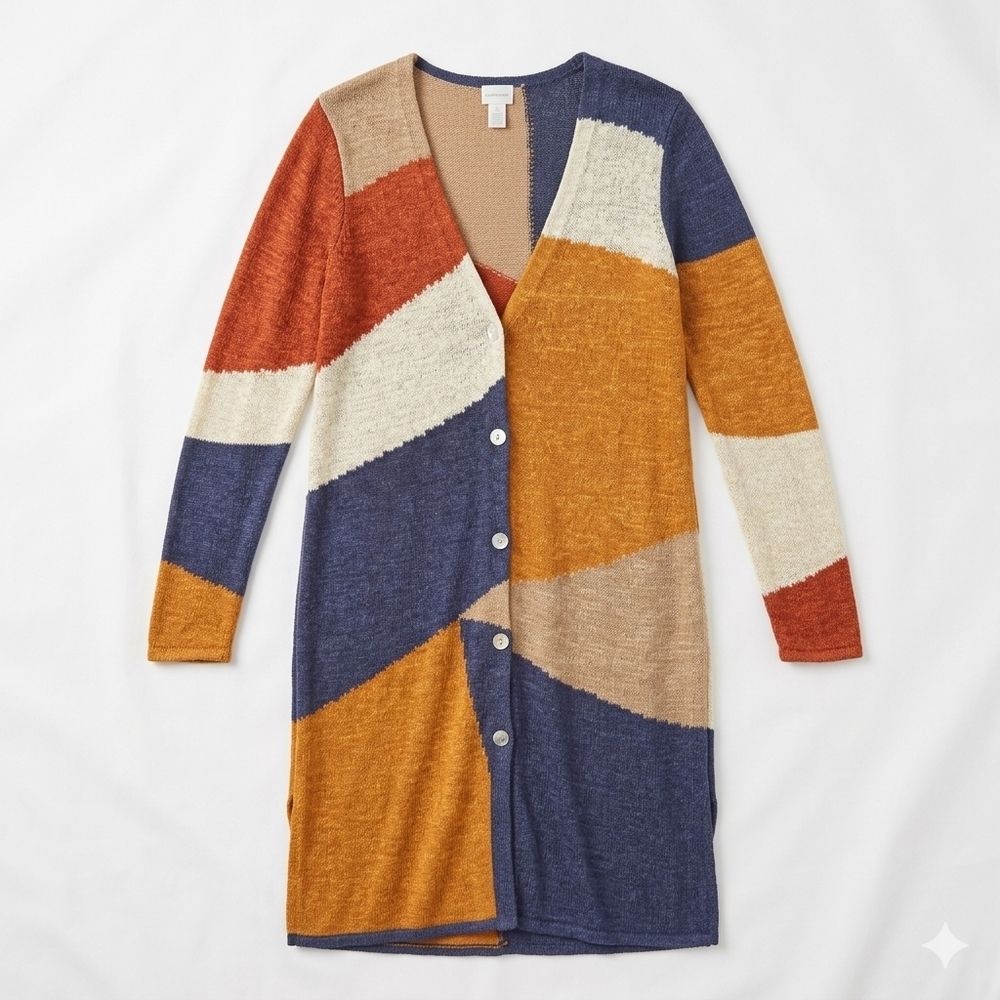 Chico's Multicolor Patchwork Long  Cardigan Size 1 (10/12) #158